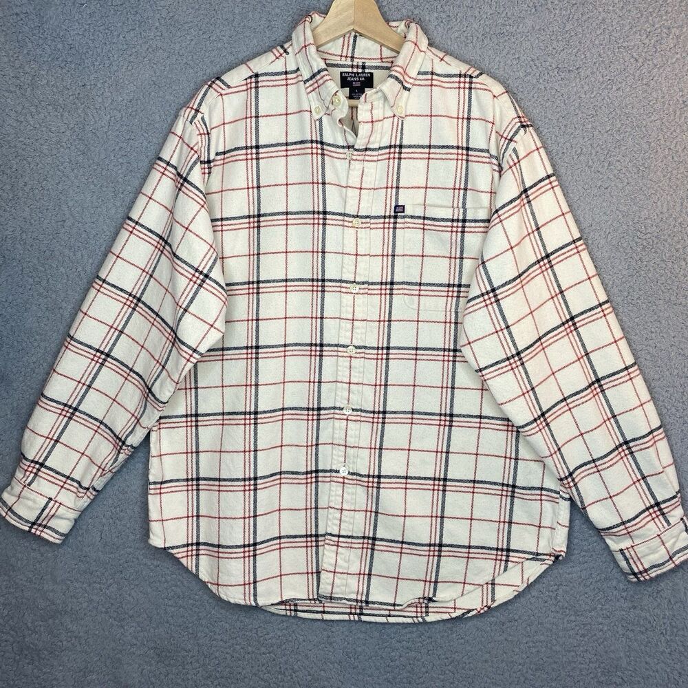 VTG 90s Ralph Lauren Jeans Co. Flannel Plaid Button Down Shirt Mens Sz L Cotton